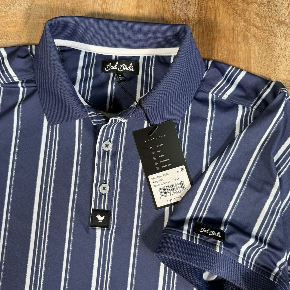 NWT Bad Birdie Ridge Golf Polo Shirt Mens Medium Winning Streak Cobalt Striped - Picture 3 of 5